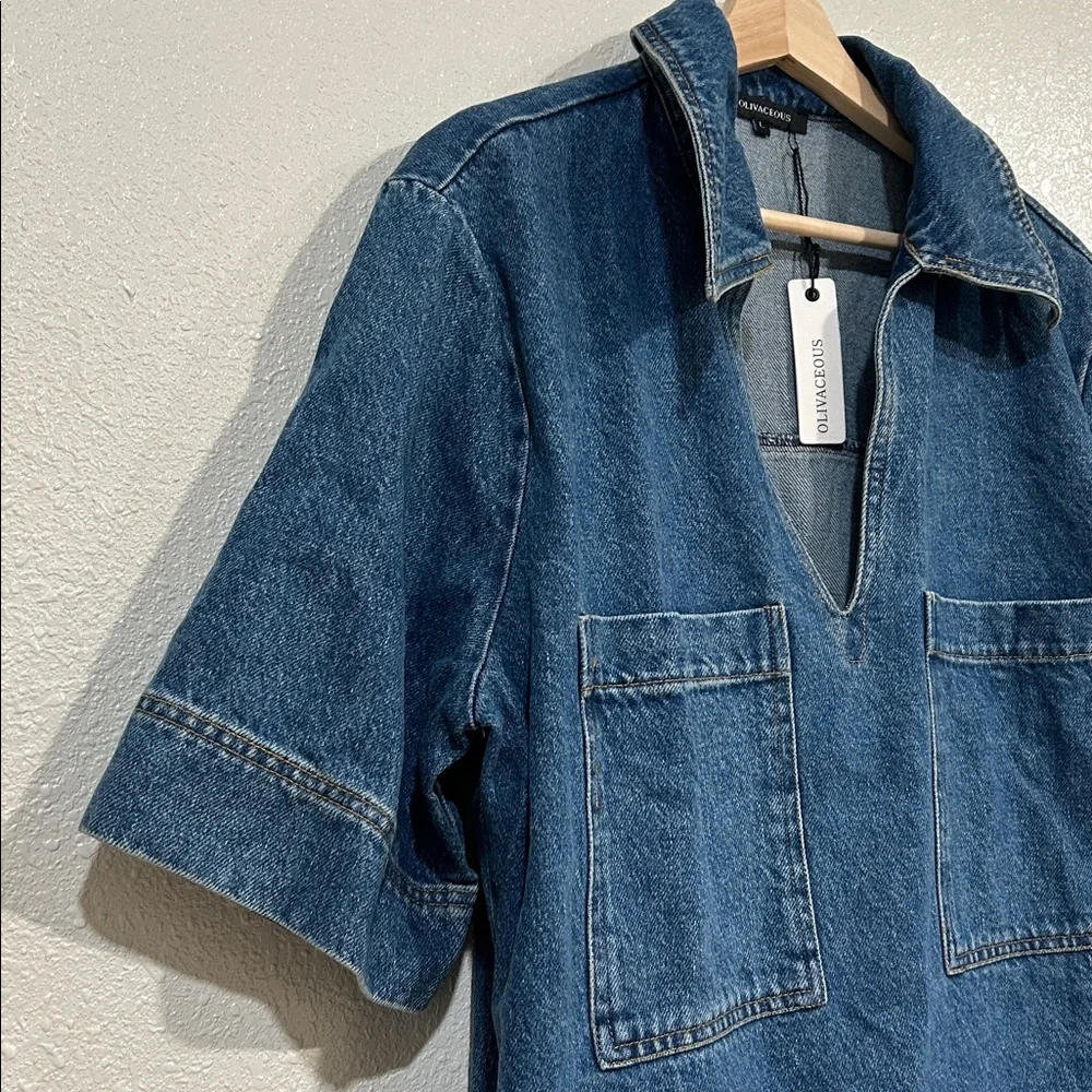 OLIVACEOUS  WOMENS COLLARED  DENIM MINI DRESS SZ LG NEW - Picture 5 of 9